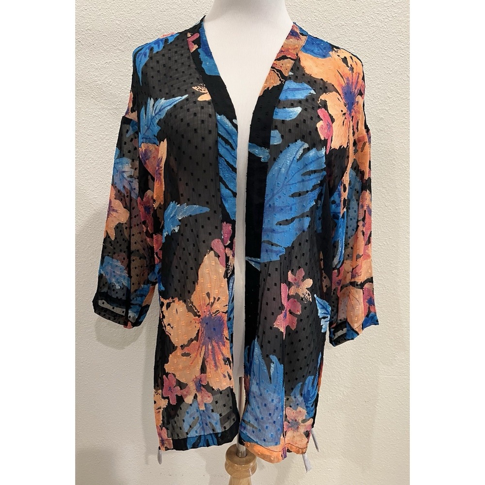 NEW Chico's Floral Clip Dot Jacket Kimono Medium 8 Tropical Floral Sheer Tassel